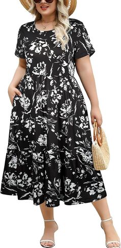 Women's Plus Size Midi Casual Dress with Pockets 1X-4X Tiered Short Sleeve Relax Fit Crewneck Summer Dresses in Kuwait