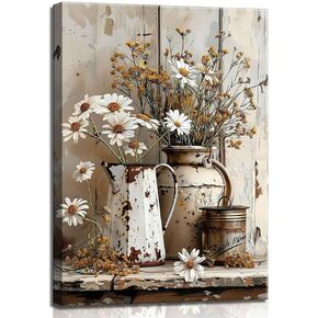 1Pcs Framed Rustic Farmhouse Floral Daisy Canvas Wall Art Vintage Country Flower Pictures Wall Decor Wood Grain Paintings Posters Prints Bathroom Bedroom LivingRoom Rustic Decor Artwork 12X16in