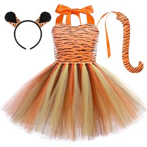 Iwemek Girls Tiger Cosplay Costume 3pcs with Tiger Ears Tiger Tiger Tail Tail Taild Awase Costume Kit Halloween Cosplay حفلة عيد ميلاد الطفلة الطفلة