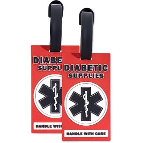 2 Pack Medical Alert Luggage Tags-RED Diabetic Supplies ID Tag for Insulin & Medical Equipment, Durable Handle with Care Rubber Tags for Suitcases, Bags & Travel Cases