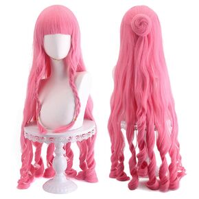 Anime OP Ghost Princess Perona Wig with Back Bun Light Pink Long Wavy Party Hair Halloween Cosplay Props Accessory