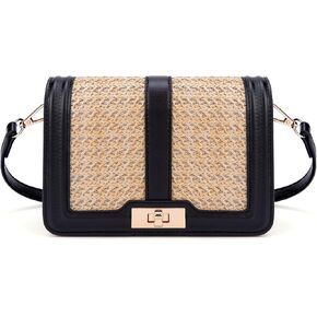 FALETO Straw Crossbody Bags for Women Summer Leather Stitching Straw Flap Bag Handbag Shoulder Clutch Purse