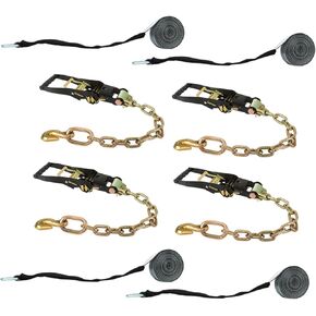 4 Pack Car Tie Down with Chain Anchors Lasso Style 2 x 96 Inch 3,300 Pound Safe Working Load Silvery
