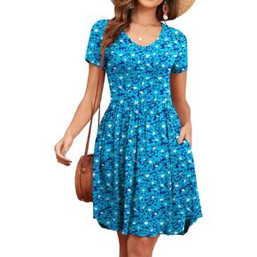 Women's 2025 Summer Short Sleeve Dresses Casual Loose Fit Swing T Shirt Dress V Neck Sundress with Pockets
