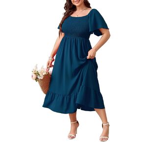 SCOMCHIC Women's Plus Size Summer Dress Casual Short Sleeve Scoop Neck Maxi Dress Smocked Ruffle Boho Flowy Long Dresses