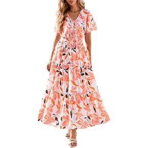 KIRUNDO Womens Summer Boho Floral Maxi Dress Flutter Short Sleeve V Neck Ruffle Tiered Flowy Beach Wedding Guest Dresses in Kuwait