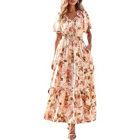 KIRUNDO Womens Summer Boho Floral Maxi Dress Flutter Short Sleeve V Neck Ruffle Tiered Flowy Beach Wedding Guest Dresses