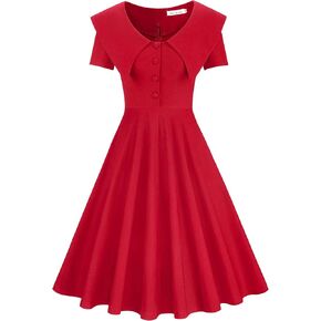 MUXXN Women's Vintage Style Peter Pan V Neck Cocktail Party Big Swing Dress