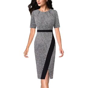 VFSHOW Womens Pleated Crew Neck Patchwork Front Slit Work Business Office Party Bodycon Sheath Pencil Dress