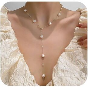 Dainty Gold Pearl Lariat Necklace for Women Fashion Long Beaded Statement Y Necklaces Minimalist Trendy Fake Pearls Toggle Jewelry Accessories Gifts