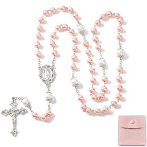 Rosary Beads Catholic for Women - 8mm Artificial Pearls Rosary, Solid Colored Simple Style button bag, Gifts for Women