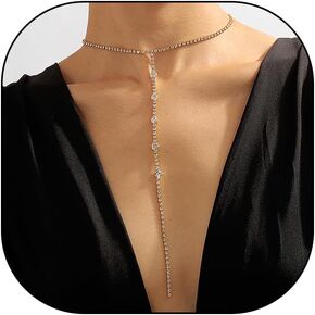 Rrdaily Sparkly 14K Gold Rhinestone Y-Necklace for Women,Striking Long Crystal Beads Tassel Choker Necklace,Dainty Formal Prom Wedding Jewelry Gifts