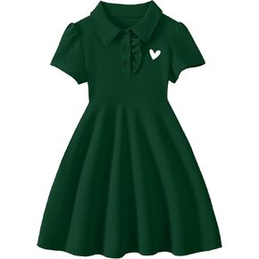 Hilinker Toddler Girls Ruffle Short Sleeve Polo Dress Cute Heart Print Uniform Dresses