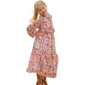 Fioukiyy Girls Fall Dress Long Lantern Sleeve V-Deac Floral Printed Perced Maxi Maxi Holiday