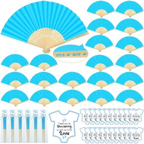 Colarr 50 Set Baby Shower Favors for Guests 50 Folding Paper Fans 50 Thank You Tags 50 Organza Bags Handheld Bamboo Fans for Baby Shower Party Supplies(Pink)