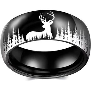 Stainless Steel Ring for Men Women,8mm Wedding Band High Polished with Deer Forest Unique Design, Black and Silver Comfort Fit Size 6-13
