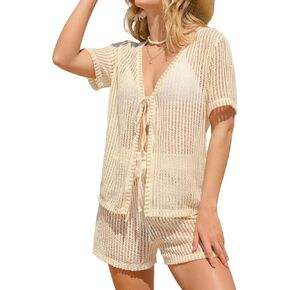 Charmo Womens Crochet Swimsuit Cover Up 2 Piece V Neck Bathing Suit Coverups Drawstring Beach Bikini Swimwear Set