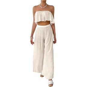 Verdusa Women's 2 Piece Beach Coverup Set Ruffle Crop Tube Top High Rise Baggy Pants Swimsuit