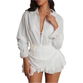 SHENHE Women's Swimsuit Cover Up Long Sleeve Deep V Layered Ruffle Beach Dress Coverups