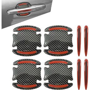 8 PCS Car Door Handle Door Bowl Protector, 3.54" x 3.26" + 0.59" x 3.54" Carbon Fiber Reflective Warning Sticker, Paint Surface Anti-Scratch Flexible Decal, Universal for Cars (Red) in Kuwait
