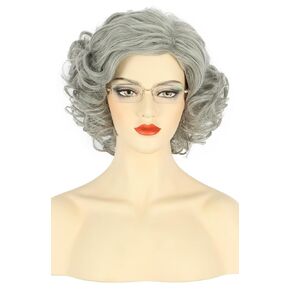 karlery Old Lady Short Bob Curly Grey Wig Natural Looking Daily Halloween Cosplay Party Wig