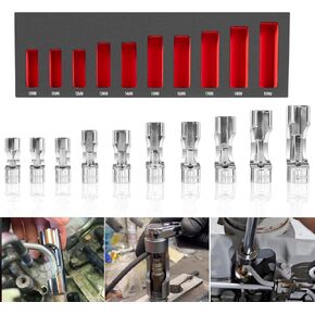 12030 Flare Nut Socket Set, 3/8" Square Drive Diesel Injector Fuel Line Socket Wrench Set, 10mm-19mm (10PCS)