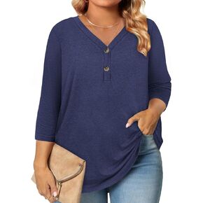 3/4 Length Sleeve Womens Summer Tops Plus Size Button Down V Neck Shirts Blouses Business Casual Loose Tunics L-4XL