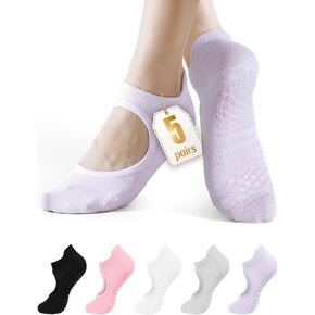 Pilates Socks with Grips 5 Pack, No Slip Yoga Athletic Socks for Women, Breathable with Top Bare, Ideal Gift for Barre Ballet Workout Summer