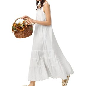 Womens Embroidered Maxi Dress for Summer Lace Adjustable Spaghetti Strap Dresses A-Lined Loose 47" Long