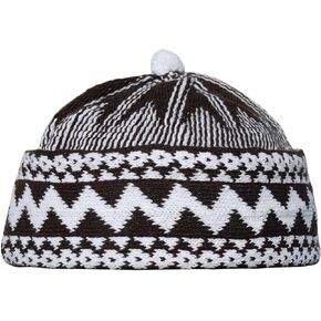 TheKufi® Dark Brown Cotton Blend Zigzag Beanie Kufi Hat with Ball on Top One-Size