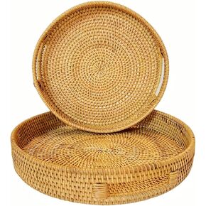 2PCS Round Rattan Serving Tray with Handles - Woven Wicker Basket for Coffee Table Organization, Large Decorative Tray for Kitchen, Living Room, Farmhouse Home Decor Storage, M+L