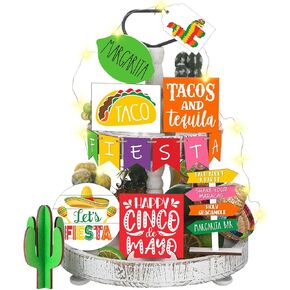16 Pcs Cinco De Mayo Tiered Tray Decor Mexican Wooden Signs Farmhouse Taco Cactus Sombrero Rainbow Donkey Block Mexican Fiesta Summer Decor for Home Table Kitchen Shelf Holiday
