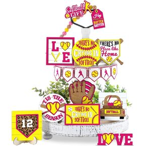 13 Pcs Softball Tiered Tray Decor Softball Birthday Party Decorations Softball Wooden Table Decor Rustic Softball Game Sign for Fans Softball Theme Party Supplies