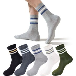 Mottee & Zconia Mens Quarter Crew Socks فوق الكاحل الرجعية القديمة المليئة بالمدرسة القديمة القطن ثلاث شرائط الجوارب البيضاء 5 حزمة