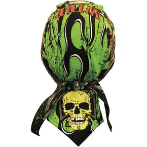 Danbanna Deluxe Neon Green Black Orange Wide Open Pinstripe Flames Headwrap Doo Rag Skull Cap Durag Sweatband Adjustable Ties