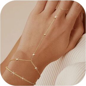Florideco Gold Hand Chain Bracelets for Women Trendy 2 Piece Adjustable Finger Ring Bracelet Stack Dainty 14K Gold Plated CZ Layered Beaded Hand Chains Jewelry Gifts