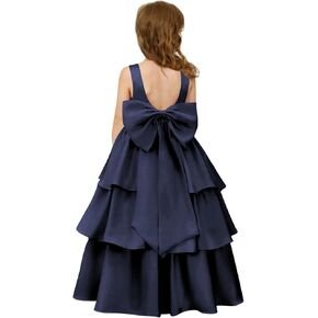 Girls Crewneck Layers Satin Flower Girl Dress with Bow Knot Backless A Line Birthday Party Formal Dress