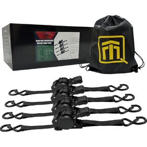 QTM 4-Pack Black Polyester Retractable Ratchet Strap with Storage Bag - 1 in x 10 ft, 1600 lbs Breaking Strength for Motorcycle, UTV, and CargoTIE Down System