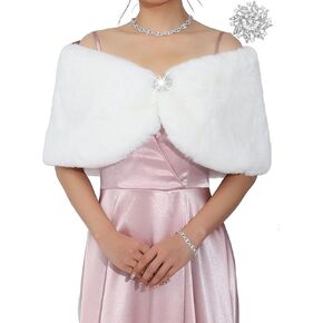 EASEDAILY Women's Faux Fur Shawls and Wraps Wedding Cape Stole Winter Cover Up with Brooch for Bride