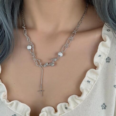 Buyongwant قلادة ضوء النجوم غير النظامية مقسمة مع شرابة اللؤلؤ والمجوهرات طوق سلسلة النساء فتاة 17.71 بوصة in Kuwait