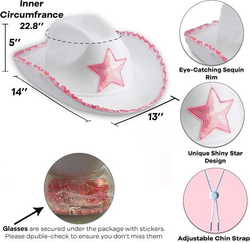 Funcredible White Pink Cowgirl Hat with Heart Glasses - Pink Cowboy Hat with Pink Sequin Star - Halloween Cow Girl Costume Accessories - Fun Rodeo Party Hats and Goggles for Kids, Girls and Women in Saudi Arabia
