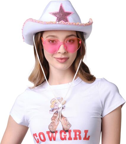 Funcredible White Pink Cowgirl Hat with Heart Glasses - Pink Cowboy Hat with Pink Sequin Star - Halloween Cow Girl Costume Accessories - Fun Rodeo Party Hats and Goggles for Kids, Girls and Women in Saudi Arabia
