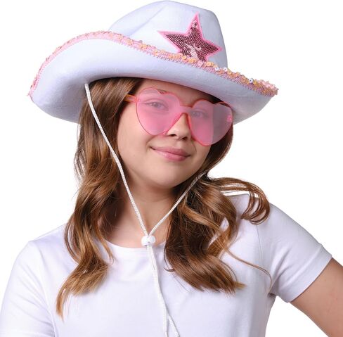 Funcredible White Pink Cowgirl Hat with Heart Glasses - Pink Cowboy Hat with Pink Sequin Star - Halloween Cow Girl Costume Accessories - Fun Rodeo Party Hats and Goggles for Kids, Girls and Women in Saudi Arabia