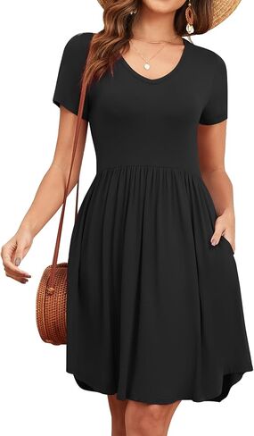 Women's 2025 Summer Short Sleeve Dresses Casual Loose Fit Swing T Shirt Dress V Neck Sundress with Pockets in Kuwait