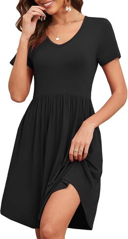 Women's 2025 Summer Short Sleeve Dresses Casual Loose Fit Swing T Shirt Dress V Neck Sundress with Pockets in Kuwait