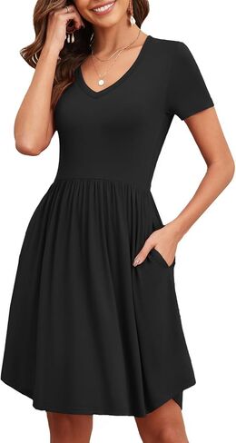 Women's 2025 Summer Short Sleeve Dresses Casual Loose Fit Swing T Shirt Dress V Neck Sundress with Pockets in Kuwait