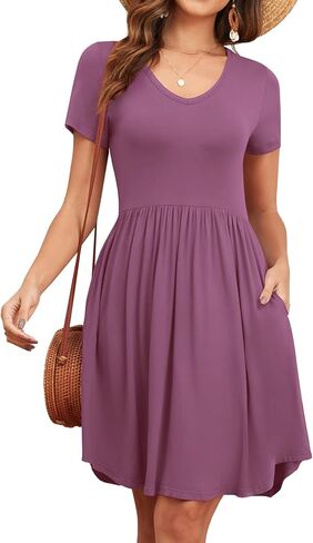 Women's 2025 Summer Short Sleeve Dresses Casual Loose Fit Swing T Shirt Dress V Neck Sundress with Pockets in Kuwait