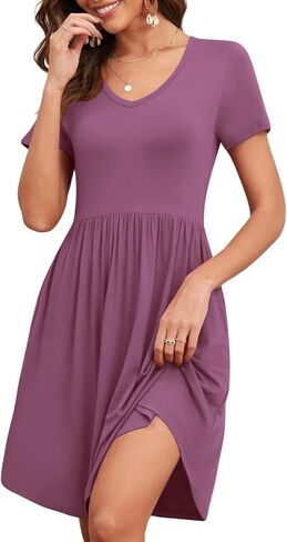 Women's 2025 Summer Short Sleeve Dresses Casual Loose Fit Swing T Shirt Dress V Neck Sundress with Pockets in Kuwait