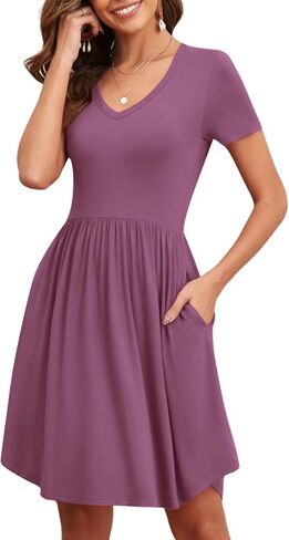 Women's 2025 Summer Short Sleeve Dresses Casual Loose Fit Swing T Shirt Dress V Neck Sundress with Pockets in Kuwait