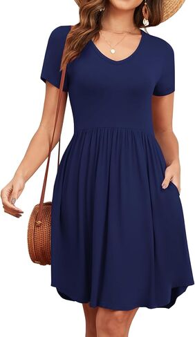 Women's 2025 Summer Short Sleeve Dresses Casual Loose Fit Swing T Shirt Dress V Neck Sundress with Pockets in Kuwait